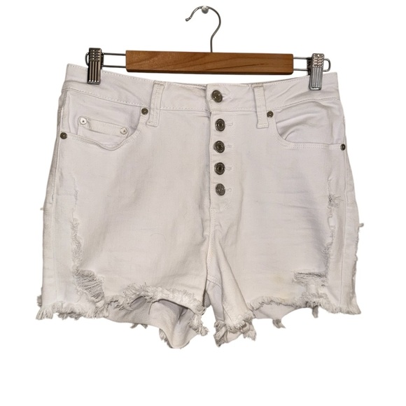 White Denim Shorts Button Fly Distressed Frayed Hem Casual - Picture 1 of 5